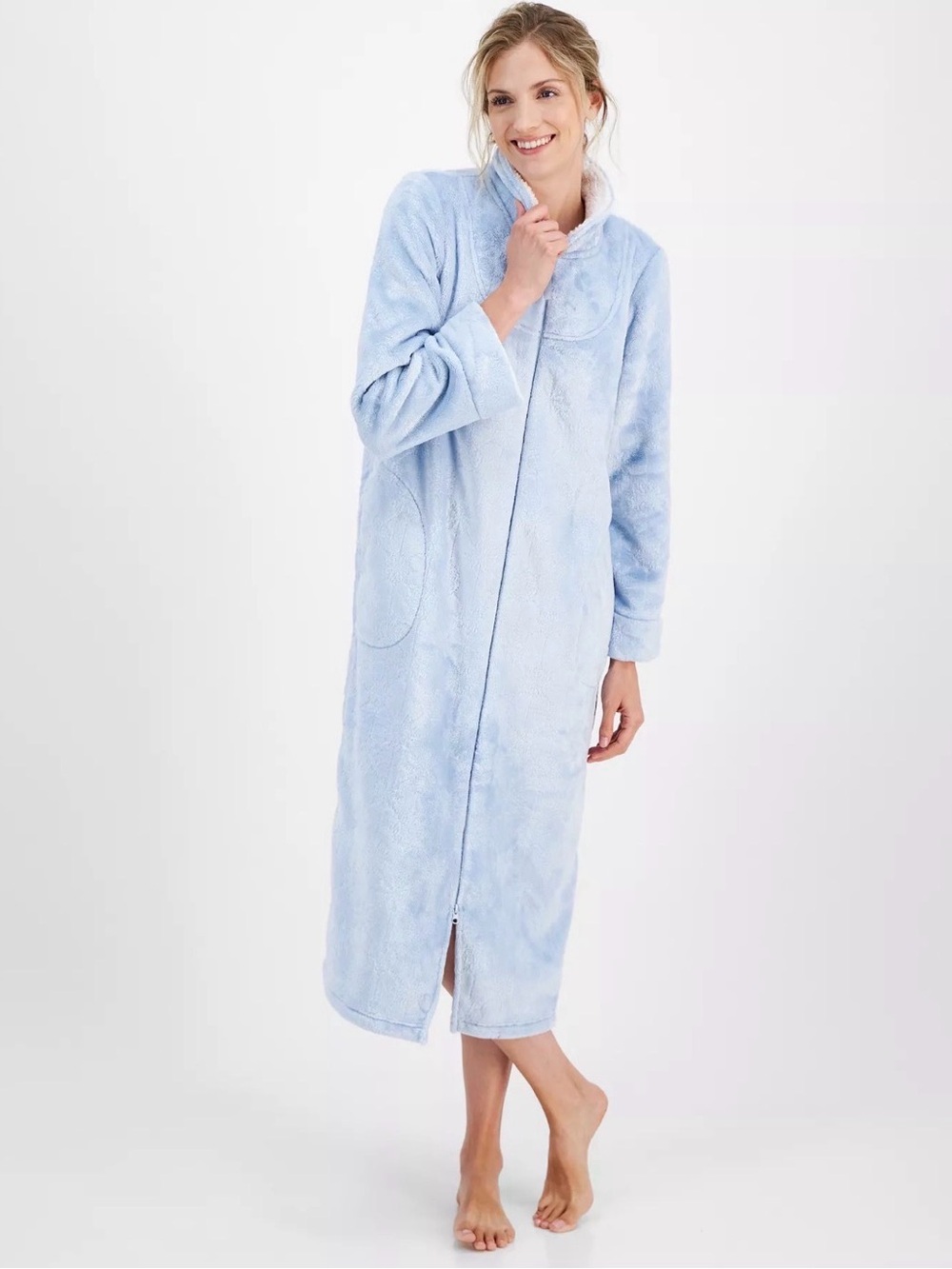 Charter Club Light Blue Snowflake Plush Long Zip-Front Robe S